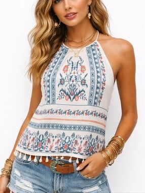 Skies Are Blue Embroidered Tassel Halter Top (S)